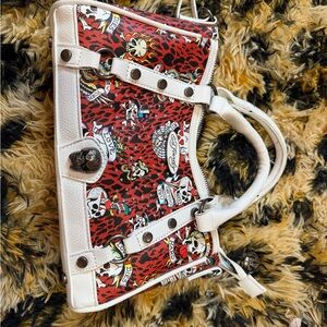 Ed Hardy Red and White Tattoo-Print Satchel